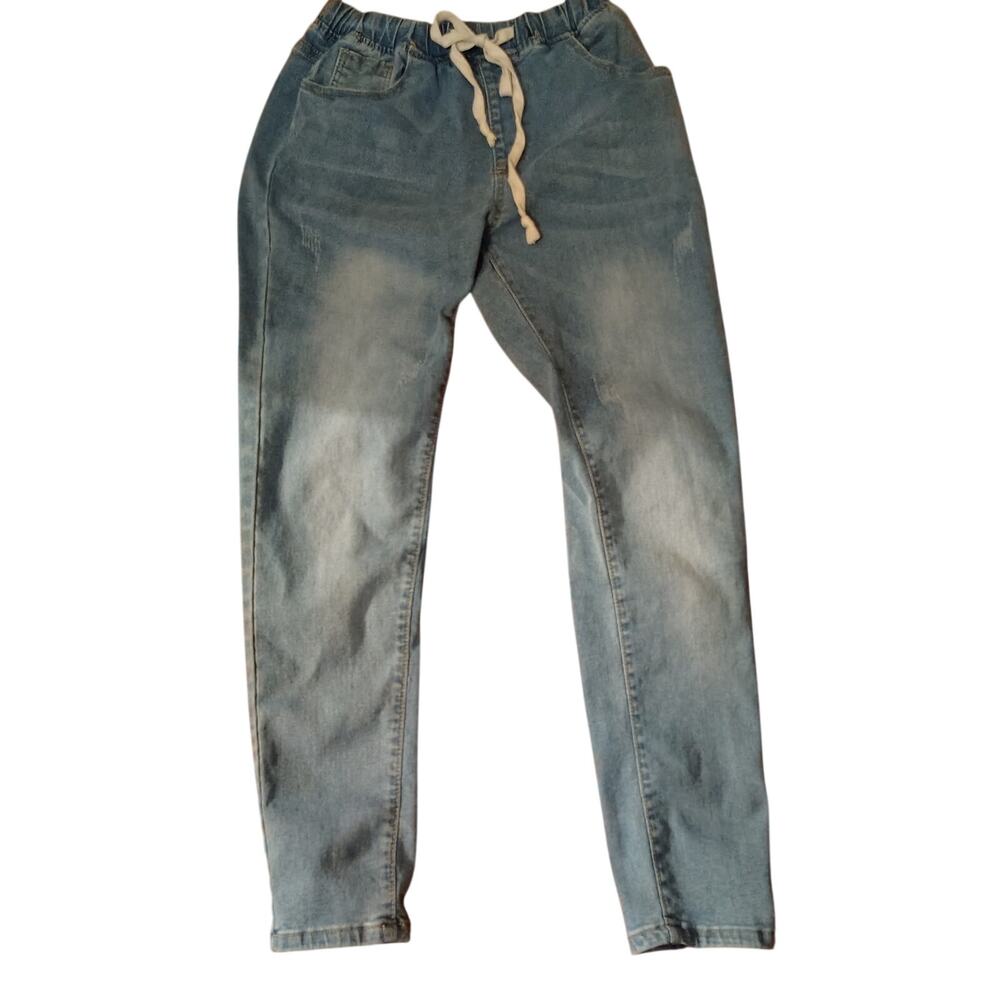 California Vintage Pull‑On Denim Jeans S/M – Drawstring Waist, Light Distress